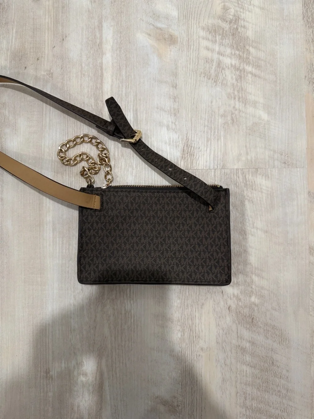 Michael Kors Brown Monogram Crossbody Belt Bag with Gold Chain